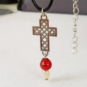 Silvertone Cross with Beads on Cord